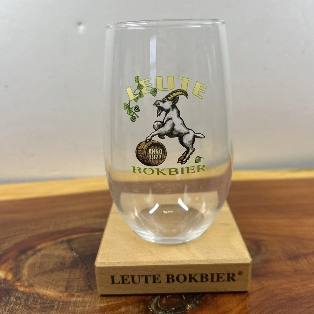 Leute Bokbier Belgian Beer‎ Stemless 0.33L Glass with Printed Logo Wooden Holder